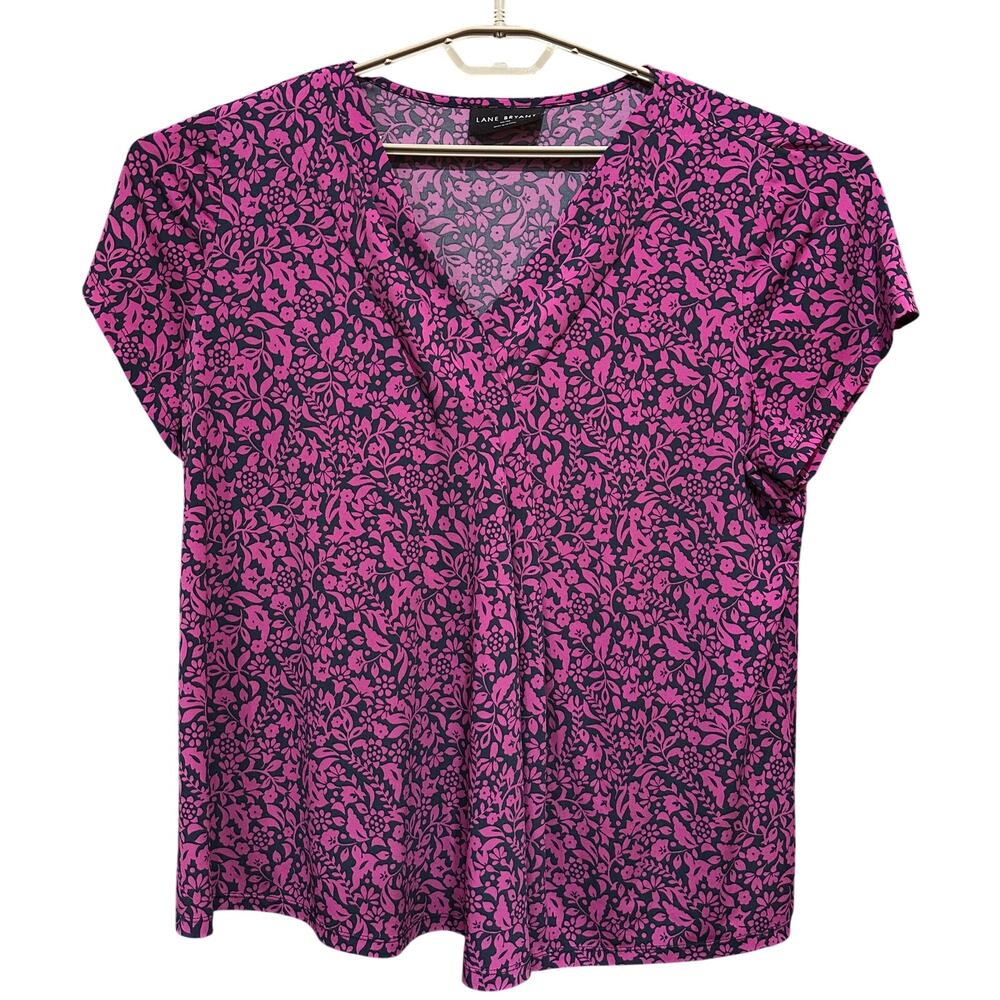 Lane Bryant Blouse 18/20 Pink Fuschia Ditsy Floral Cap Sleeve Front VNeck Office